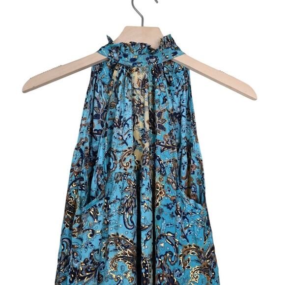 Raga Womens M Akira Ruffle Collar Maxi Dress Turquoise Blue NEW - Picture 4 of 12